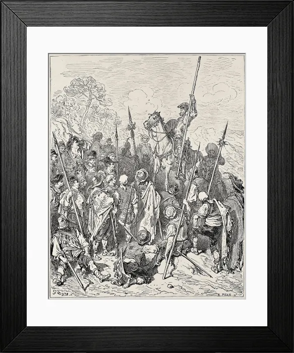 Framed Print : Dore, Gustave (1832-1883). Don Quixote and Sancho with the braying town's squadron. 1863. Illustration of chapter 27, second part of 'Don Quixote of La Mancha'