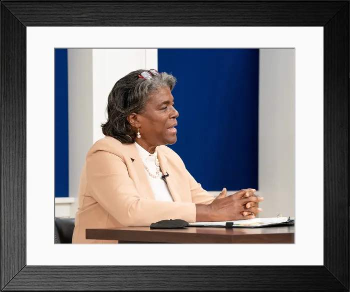 Framed Print : Linda Thomas-Greenfield, US Ambassador to the United Nations, attends the virtual Global COVID-19 Summit, Sept. 22, 2021
