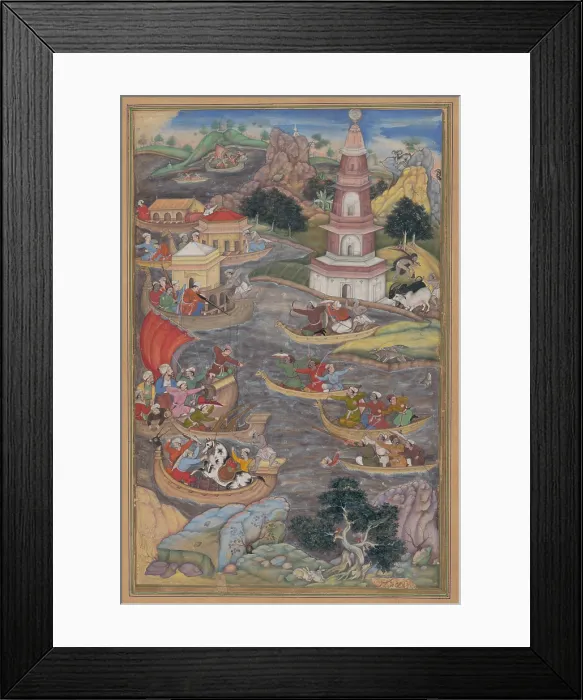 Framed Print : ALEXANDER FIGHTS A SEA BATTLE, by Dharmadas, 1590s, Indian, Mughul watercolor painting