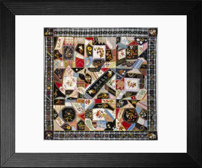 Framed Print : QUILT CRAZY PATTERN, by Tamar Horton Harris North, 1877, American crafts, textiles. The crazy patches and border are embroidered with both cotton thread and chenille