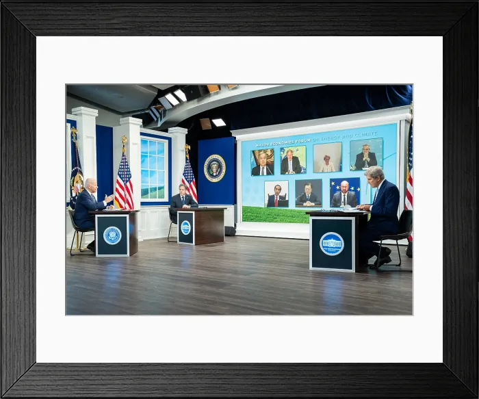 Framed Print : Antony Blinken and Special Presidential Envoy for Climate John Kerry participate in a virtual meeting of the Major Economies Forum on Energy and Climate, Sep. 17, 2021