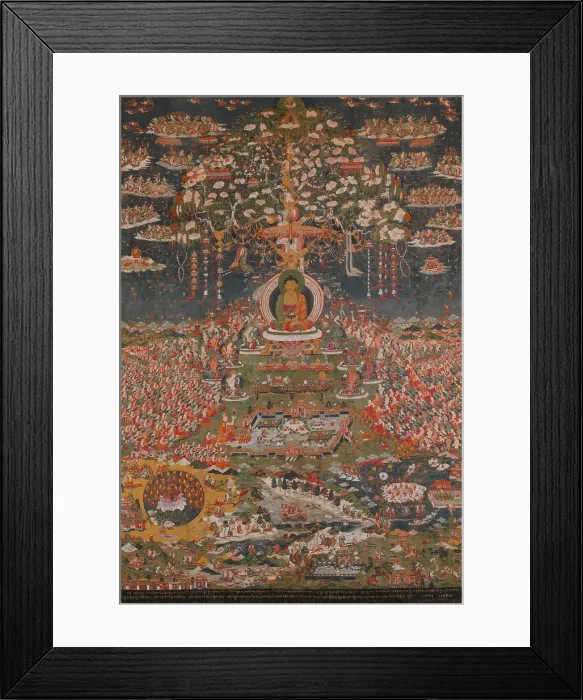 Framed Print : AMITABHA, THE BUDDHA OF THE WESTERN PURE LAND, Tibetan, Buddhist, 18th c. painting. Amitayus, the Buddha of Eternal Life, in his paradise, Sukhavati, the Western Pure Land