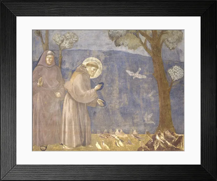 Framed Print : Preaching to the Birds, by Giotto, 1297-1300, 13th-14th century, fresco. - Italy, Umbria, Assisi, Upper Basilica of St. Francis. Whole artwork view. St Framed Print : Preaching to the Birds, by Giotto, 1297-1300, 13th-14th century, fresco. - Italy, Umbria, Assisi, Upper Basilica of St. Francis. Whole artwork view. St