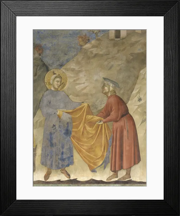 Framed Print : The Gift of the mantle, by Giotto, 1297-1299, 13th century, fresco. - Italy, Umbria, Assisi, Upper Basilica of San Francesco. Detail. St Framed Print : The Gift of the mantle, by Giotto, 1297-1299, 13th century, fresco. - Italy, Umbria, Assisi, Upper Basilica of San Francesco. Detail. St