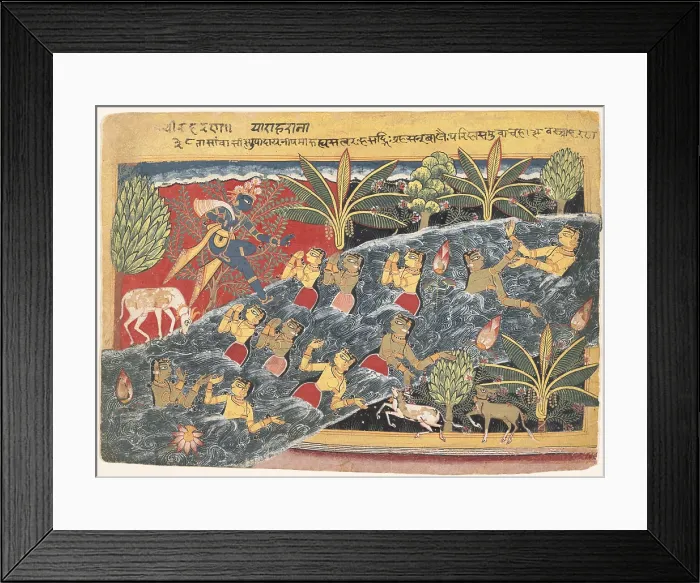 Framed Print : THE GOPIS PLEAD WITH KRISHNA TO RETURN THEIR CLOTHING, 1550-60s, Indian, Hindu watercolor, painting