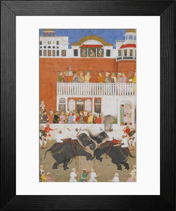 Framed Print : SHAH JAHAN WATCHING AN ELEPHANT FIGHT, by Bulaqi, 1639, Indian, Mughal watercolor painting. Shah Jahan, fifth Mughal Emperor, reigned from 1628-58