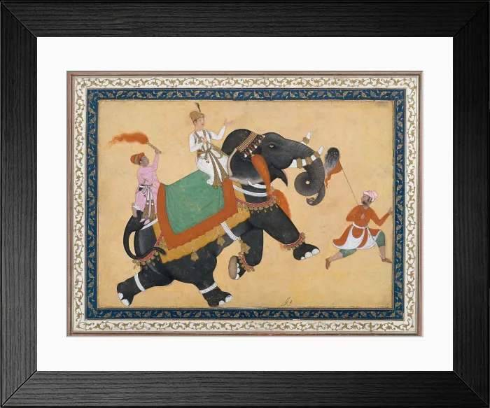Framed Print : PRINCE RIDING AN ELEPHANT, by Khem Karan, 16th-17th c. Indian, Mughal watercolor painting. Elephants were prized and often the subject of Mughal artworks Framed Print : PRINCE RIDING AN ELEPHANT, by Khem Karan, 16th-17th c. Indian, Mughal watercolor painting. Elephants were prized and often the subject of Mughal artworks