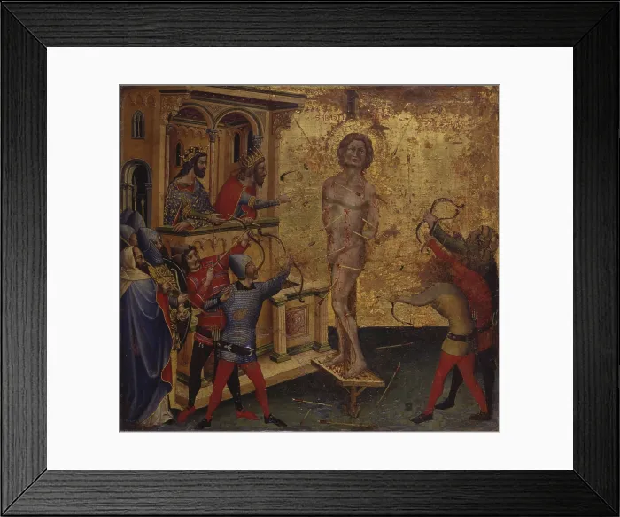 Framed Print : Martyrdom of St. Sebastian, by Nicoletto Semitecolo, 14th century, panel. - Italy, Veneto, Padua, Cathedral of Santa Maria Assunta. Whole artwork view. St Framed Print : Martyrdom of St. Sebastian, by Nicoletto Semitecolo, 14th century, panel. - Italy, Veneto, Padua, Cathedral of Santa Maria Assunta. Whole artwork view. St