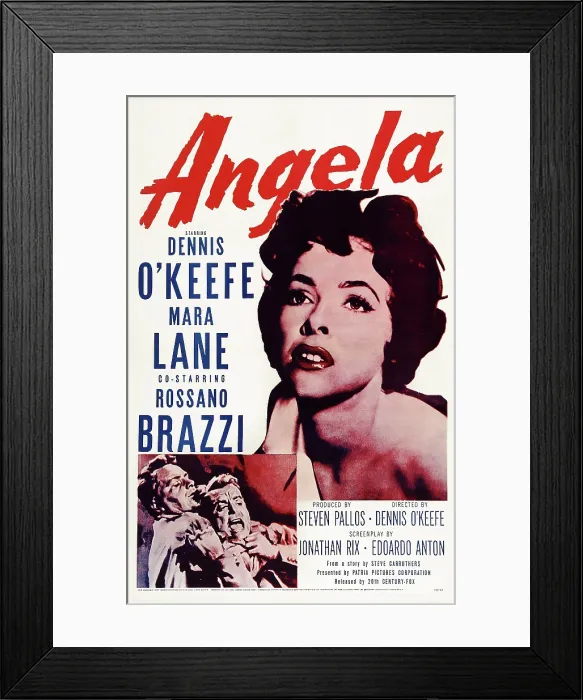 Framed Print : ANGELA, US poster, bottom from left: Dennis O'Keefe, Rossano Brazzi, Mara Lane (center), 1954. TM & Copyright 20th Century Fox Film Corp. / courtesy Everett Collection