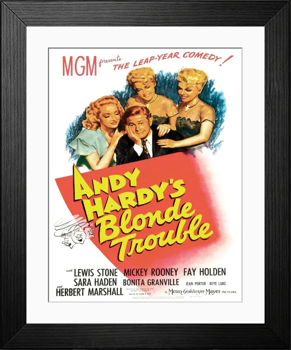 Framed Print : ANDY HARDY'S BLONDE TROUBLE, from left: Bonita Granville, Mickey Rooney, Lee Wilde and Lyn Wilde, 1944