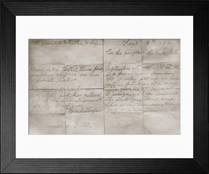 Framed Print : Letter by Theodore Roosevelts attempted assassin, written a month before the shooting. John Schrank dated it Sept. 15, 1912 and addressed to the people of the United States