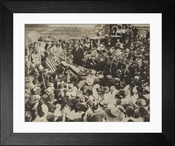 Framed Print : Theodore Roosevelt campaigning for President in New Jersey, June or August, 1912. The procession of touring cars halts for a speech as they make their way to the convention