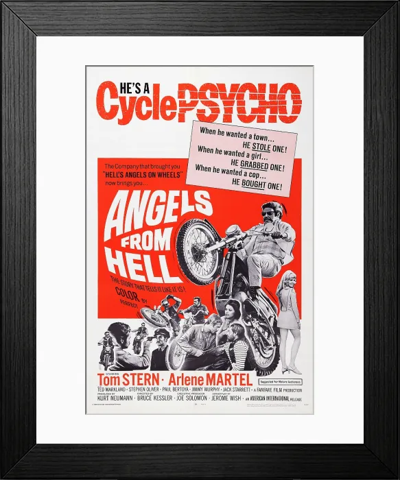 Framed Print : ANGELS FROM HELL, US poster art, top: Tom Stern, bottom: Tom Stern holding gun to Jack Starrett's head; Tom Stern holding blade to Pepper Martin's throat Framed Print : ANGELS FROM HELL, US poster art, top: Tom Stern, bottom: Tom Stern holding gun to Jack Starrett's head; Tom Stern holding blade to Pepper Martin's throat