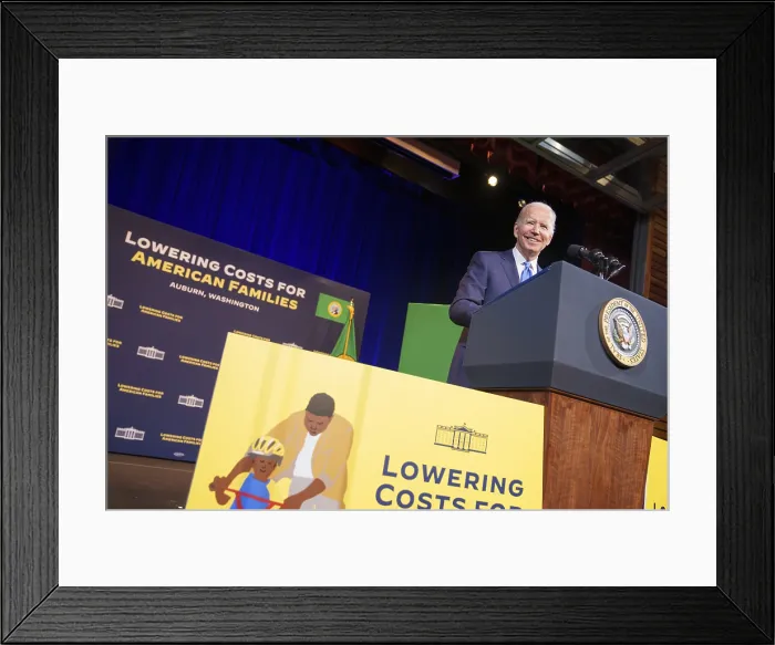 Framed Print : President Joe Biden speaks about lowering medical costs for American families at Green River College in Auburn, Washington, April 22, 2022 Framed Print : President Joe Biden speaks about lowering medical costs for American families at Green River College in Auburn, Washington, April 22, 2022