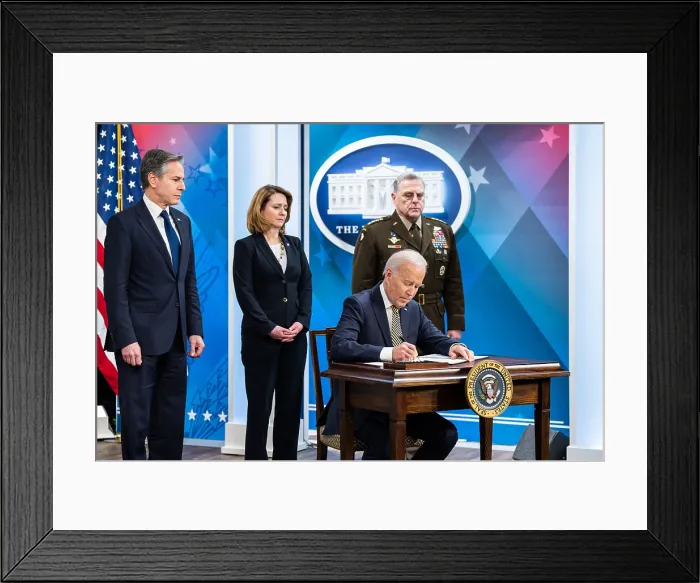 Framed Print : President Joe Biden signs a delegation of authority providing an additional $800 million in security assistance to Ukraine