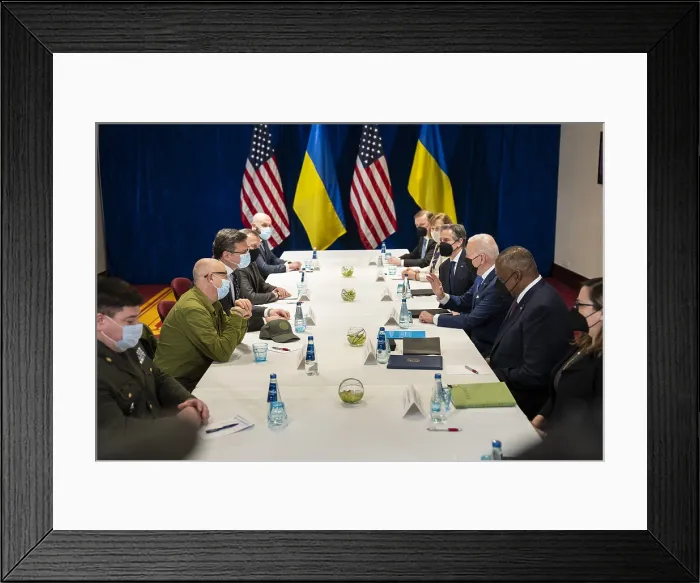 Framed Print : President Joe Biden attends a high-level meeting with the Ukrainian Foreign Minister Dmytro Kuleba and Ukrainian Defense Minister Oleksii Reznikov, in Warsaw, Poland, March 26