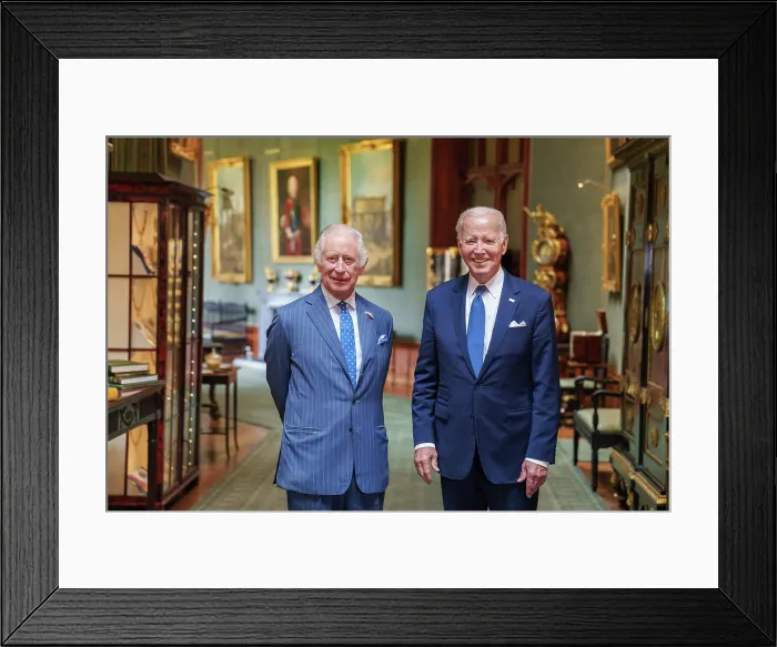 Framed Print : President Joe Biden poses with Britain's King Charles III, July 10, 2023, during his ceremonial arrival at Windsor Castle in England. (BSLOC_2023_8_50)