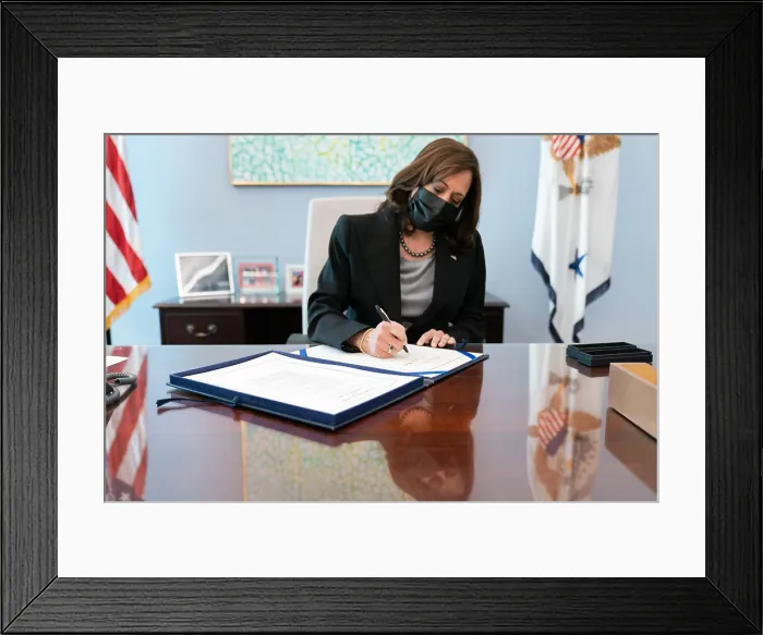Framed Print : Vice President Kamala Harris signs two bills in her West Wing Office, Nov. 8, 2021 (BSLOC_2022_2_5) Framed Print : Vice President Kamala Harris signs two bills in her West Wing Office, Nov. 8, 2021 (BSLOC_2022_2_5)