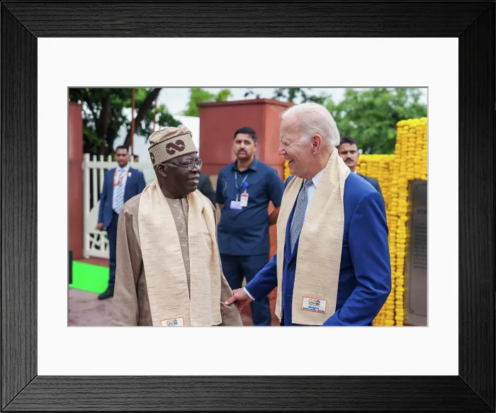 Framed Print : President Joe Biden bids farewell to President Bola Ahmed Tinubu of Nigeria, Sept. 10, 2023, before departing the G20 summit in New Delhi Framed Print : President Joe Biden bids farewell to President Bola Ahmed Tinubu of Nigeria, Sept. 10, 2023, before departing the G20 summit in New Delhi