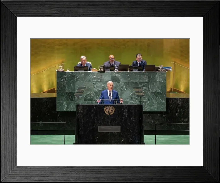Framed Print : President Joe Biden addresses the 78th session of the United Nations General Assembly, Sept. 19, 2023 in New York City. (BSLOC_2023_8_60) Framed Print : President Joe Biden addresses the 78th session of the United Nations General Assembly, Sept. 19, 2023 in New York City. (BSLOC_2023_8_60)