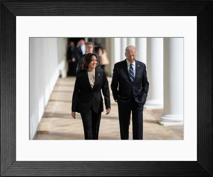 Framed Print : President Joe Biden and Vice President Kamala Harris walk along the Colonnade following a meeting with the press in the wake of Hamas terrorist attacks in Israel on Oct 10, 2023 Framed Print : President Joe Biden and Vice President Kamala Harris walk along the Colonnade following a meeting with the press in the wake of Hamas terrorist attacks in Israel on Oct 10, 2023