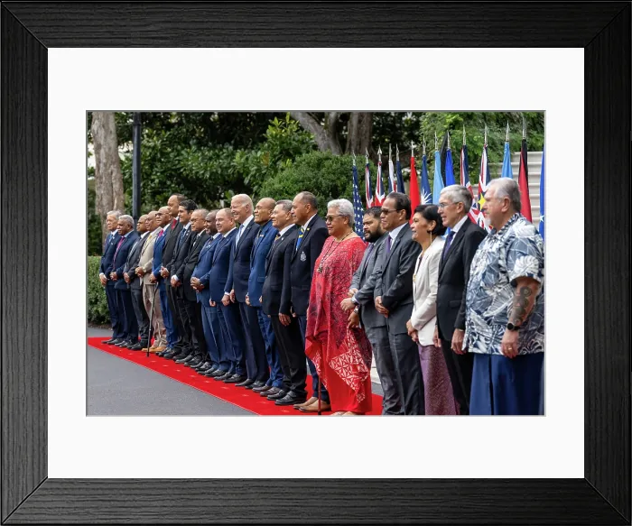 Framed Print : President Joe Biden joins a group photo with Pacific Islands Forum leaders, Sept. 25, 2023, at the South Portico of the White House Framed Print : President Joe Biden joins a group photo with Pacific Islands Forum leaders, Sept. 25, 2023, at the South Portico of the White House