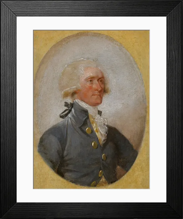 Framed Print : Thomas Jefferson in 1788 portrait by John Trumbull. Jefferson wears a uncustomary powered wig in this small oval format painting of 4.5 by 3.25 inches (BSLOC_2019_6_138) Framed Print : Thomas Jefferson in 1788 portrait by John Trumbull. Jefferson wears a uncustomary powered wig in this small oval format painting of 4.5 by 3.25 inches (BSLOC_2019_6_138)