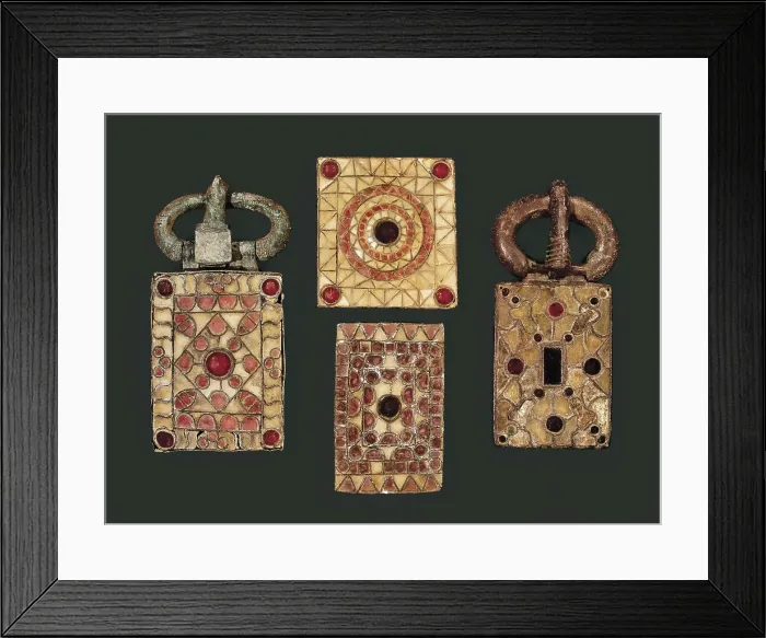 Framed Print : Buckles and buckle plaques (6th-7th c.). Visigothic art. Jewelry. SPAIN. Barcelona. Archaeology Museum of Catalonia. Proc: SPAIN. Seplveda. Duratn. Necropolis