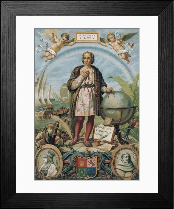 Framed Print : Allegory of the Discovery of America. Christopher Columbus and, in the lower part, Isabel I of Castile and Fray Juan Prez. Engraving. AISA / Everett Collection**US SALES ONLY** Framed Print : Allegory of the Discovery of America. Christopher Columbus and, in the lower part, Isabel I of Castile and Fray Juan Prez. Engraving. AISA / Everett Collection**US SALES ONLY**
