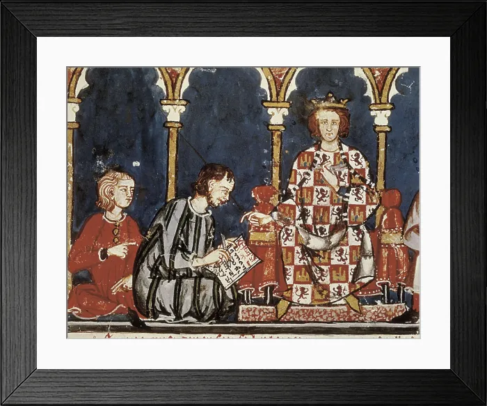 Framed Print : Alfonso X, called 'The Wise' (1221-1284). Libro de los Juegos (Book of Games). 1282. Depiction of King Alfonso X the Wise accompanied by a scribe. Gothic art