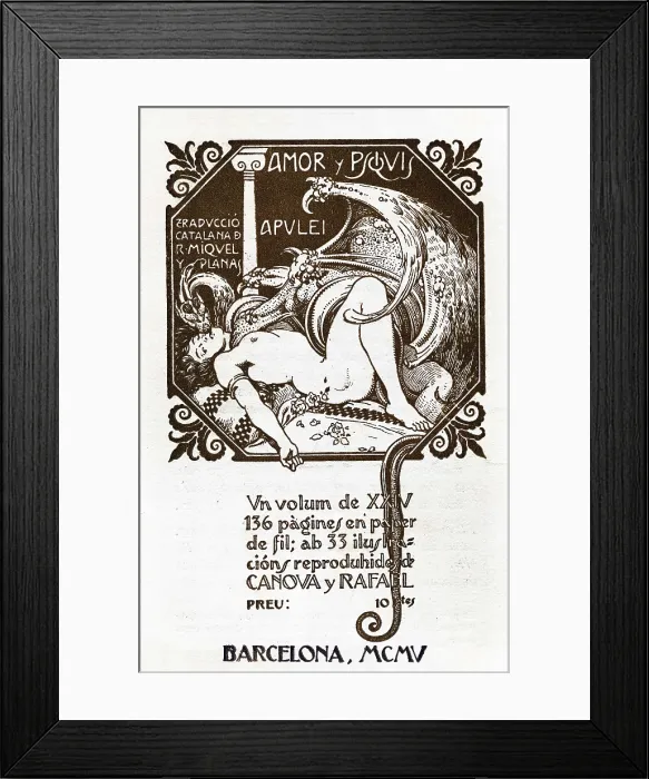 Framed Print : APULEIUS, Lucius (124-180). Metamorphosis by Apuleyo, 9th book (Asinus Aureus). Main episode of 'Psyche and Cupid'. Edition in Catalan (1905) by R. Miquel and Planas