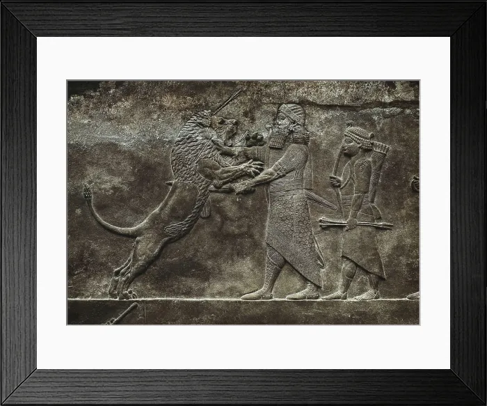Framed Print : Hunting scenes of Ashurbanipal. Assyrian art. Relief on rock. UNITED KINGDOM. London. The British Museum. Proc: IRAQ. Kuyunjik. Nineveh. Palace of Ashurbanipal