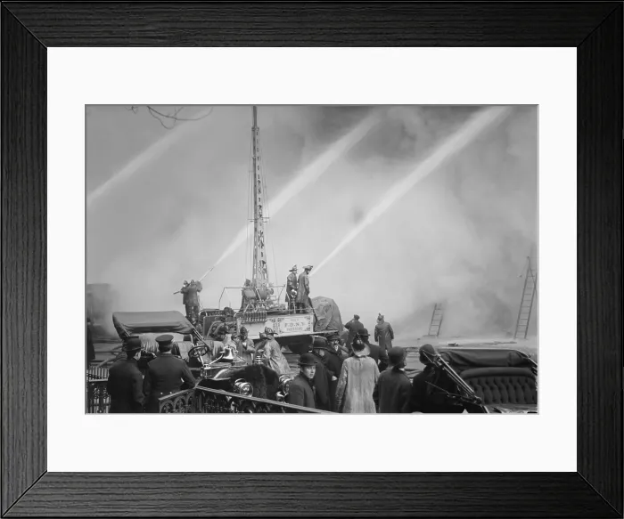 Framed Print : Firemen spraying three streams of high pressure water on a fire on 14th St. NYC, Dec. 1909 (BSLOC_2017_17_102) Framed Print : Firemen spraying three streams of high pressure water on a fire on 14th St. NYC, Dec. 1909 (BSLOC_2017_17_102)