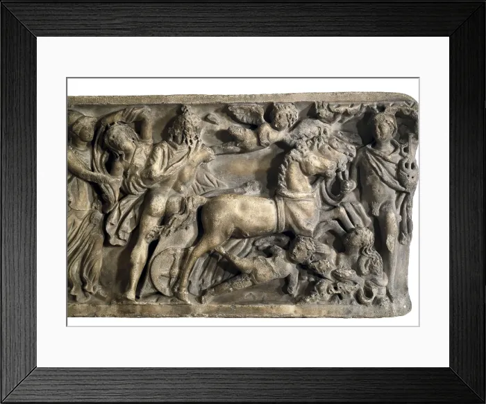Framed Print : Sarcophagus of the Rape of Proserpina. 2nd c. AD. Detail. Roman art. Relief on marble. SPAIN. Barcelona. Archaeology Museum of Catalonia. Proc: SPAIN. Santa Pola