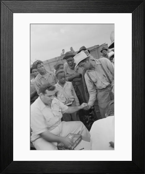 Framed Print : Integrated group of cotton pickers being paid at the Lake Dick cooperative farm, Sept. 1936 Framed Print : Integrated group of cotton pickers being paid at the Lake Dick cooperative farm, Sept. 1936