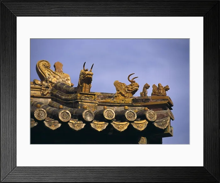 Framed Print : CHINA. BEIJING. Beijing. Forbidden City. Architectural detail of the roof. Dragon-shaped tops. Chinese art. Ming period. Architecture; Ceramics Framed Print : CHINA. BEIJING. Beijing. Forbidden City. Architectural detail of the roof. Dragon-shaped tops. Chinese art. Ming period. Architecture; Ceramics