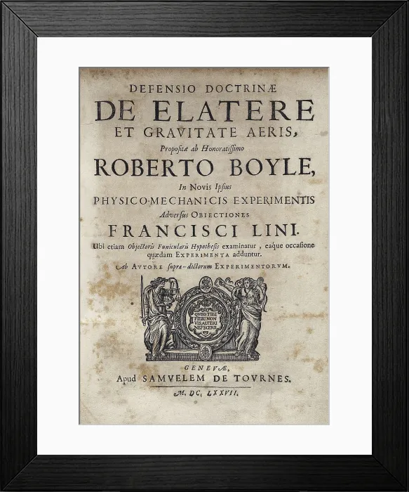 Framed Print : BOYLE, Robert (1627-1691). Frontispiece from 'Defensio doctrinae de elatere et gravitate aeris', Robert Boyle's work. Edition published in Genoa in 1677. SPAIN
