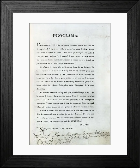 Framed Print : Independence of Colombia. Leaflet with a proclaim signed by Simn Bolvar (13th September 1826). ECUADOR. Quito. Aurelio Espinosa Polit Ecuadorian Library