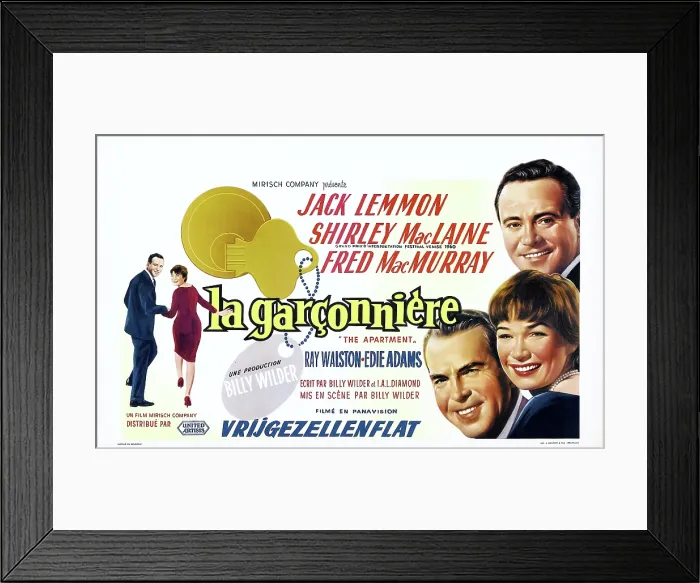 Framed Print : THE APARTMENT, (aka LA GARCONNIERE), left from left: Jack Lemmon, Shirley MacLaine, right top to bottom: Jack Lemmon, Shirley MacLaine, Fred MacMurray, 1960