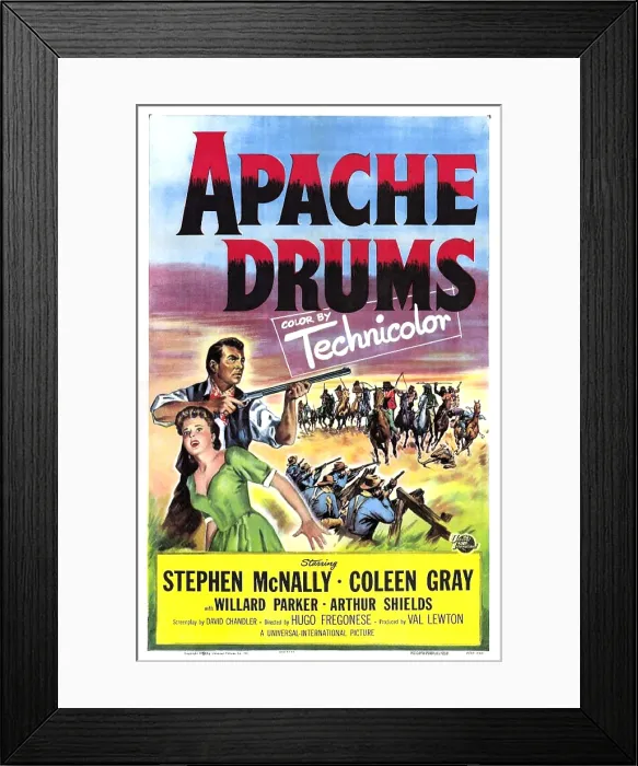 Framed Print : APACHE DRUMS, US poster, left from top: Stephen McNally, Coleen Gray, 1951
