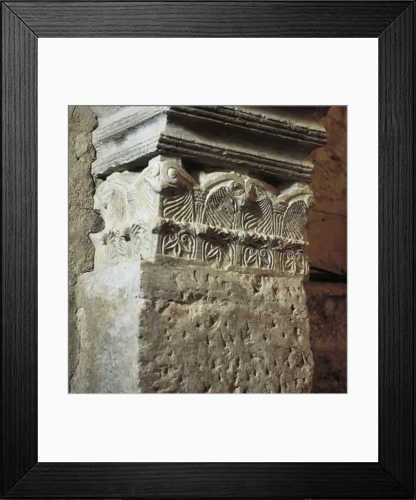 Framed Print : Church of Santa Mara de Wamba. 10th-13th c. SPAIN. Wamba. Church of Saint Mary. Capital of the head. Mozarabic art. Relief on rock. AISA / Everett Collection**US SALES ONLY**