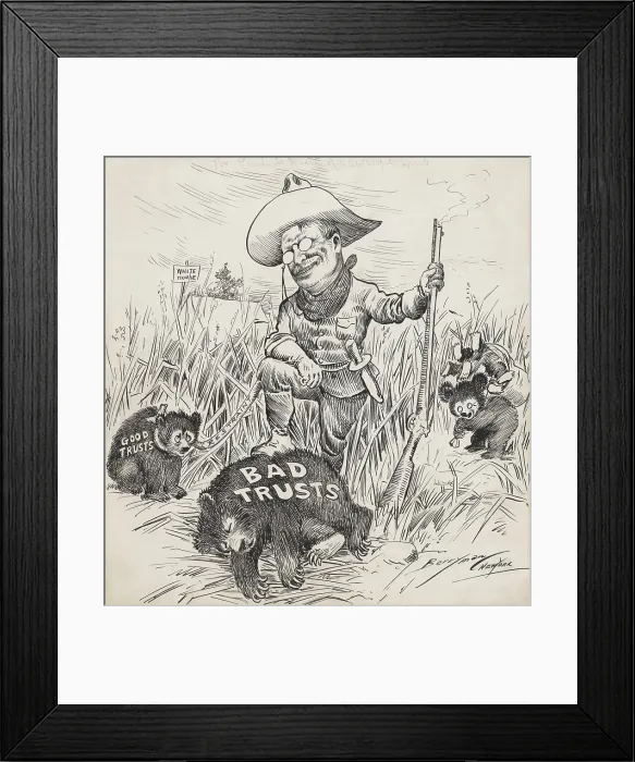 Framed Print : THE PRESIDENTS DREAM OF A SUCCESSFUL HUNT, 1907 cartoon by Clifford Berryman. TR has the good trusts leashed and has killed the bad trusts (BSLOC_2017_8_80)