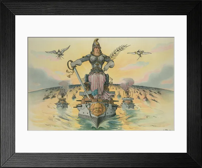 Framed Print : PEACE, 1905 cartoon from PUCK Magazine. Fleet of warships with Theodore Roosevelts face on the lead ship Framed Print : PEACE, 1905 cartoon from PUCK Magazine. Fleet of warships with Theodore Roosevelts face on the lead ship