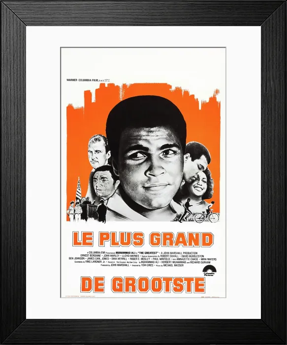 Framed Print : THE GREATEST, Belgian poster art, from left: Robert Duvall, Ernest Borgnine, Muhammad Ali, Mira Waters, 1977