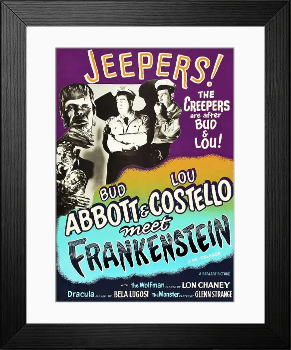 Framed Print : ABBOTT AND COSTELLO MEET FRANKENSTEIN, from bottom left: Lon Chaney Jr. Bela Lugosi, Glenn Strange, Lou Costello, Bud Abbott, 1948