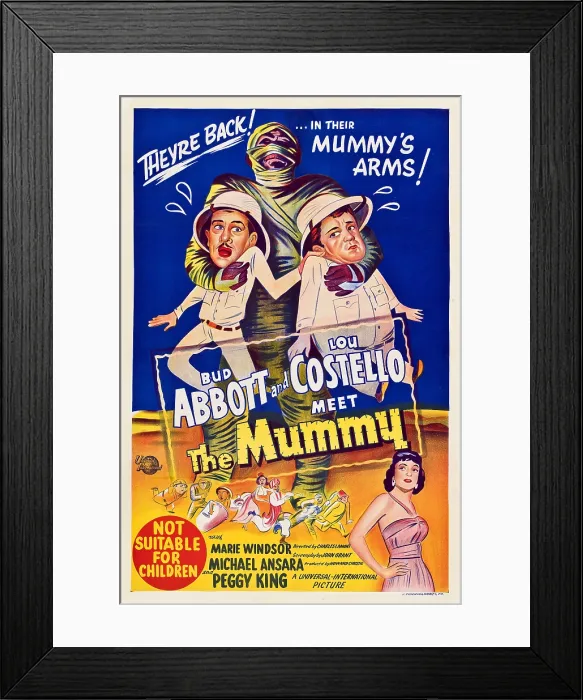 Framed Print : ABBOTT AND COSTELLO MEET THE MUMMY, Eddie Parker (as the mummy); center, left to right: Bud Abbott, Lou Costello; bottom right: Marie Windsor, 1955 Framed Print : ABBOTT AND COSTELLO MEET THE MUMMY, Eddie Parker (as the mummy); center, left to right: Bud Abbott, Lou Costello; bottom right: Marie Windsor, 1955