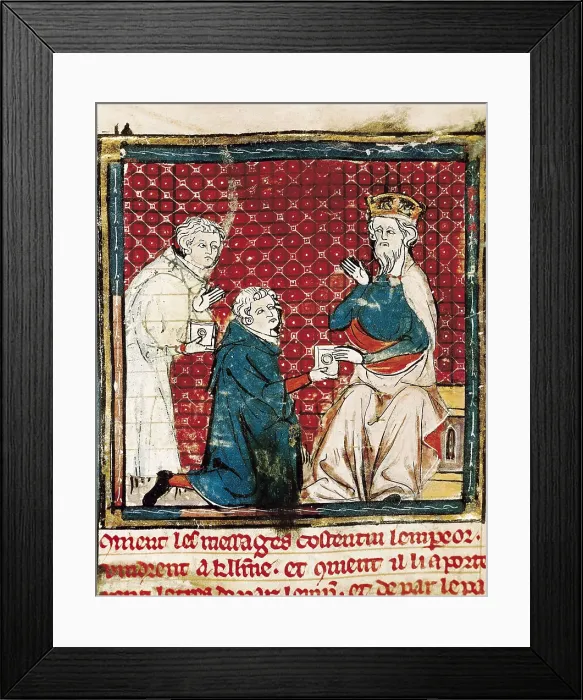 Framed Print : 'Great Chronicles of France' (14th c.). Two messengers communicate to Charles the Great the victory over the Saracens. Gothic art. Miniature Painting. FRANCE. Castres Framed Print : 'Great Chronicles of France' (14th c.). Two messengers communicate to Charles the Great the victory over the Saracens. Gothic art. Miniature Painting. FRANCE. Castres