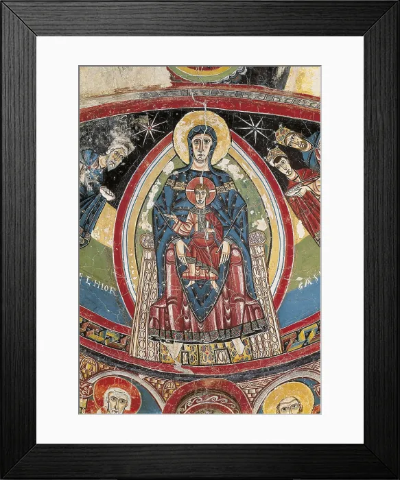 Framed Print : Church of Santa Mara in Tall. Paintings in the central apse. c. 1123. Detail of the Majestas Domini. Romanesque art. Fresco. SPAIN. Barcelona. National Art Museum of Catalonia