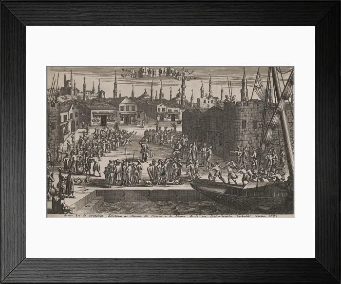 Framed Print : Constantinople slave market depicted in a Dutch engraving of 1684. Clothing, particularly headgear, distinguishes the slavers from the enslaved Europeans Framed Print : Constantinople slave market depicted in a Dutch engraving of 1684. Clothing, particularly headgear, distinguishes the slavers from the enslaved Europeans