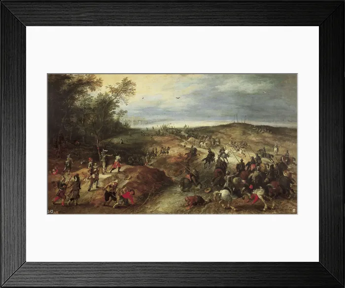 Framed Print : VRANCX, Sebastiaen (1573-1647); Breugel, Jan, The Elder, called 'Velvet Bruegel' (1568-1625). Assault on a Convoy. beg. 17th c Framed Print : VRANCX, Sebastiaen (1573-1647); Breugel, Jan, The Elder, called 'Velvet Bruegel' (1568-1625). Assault on a Convoy. beg. 17th c